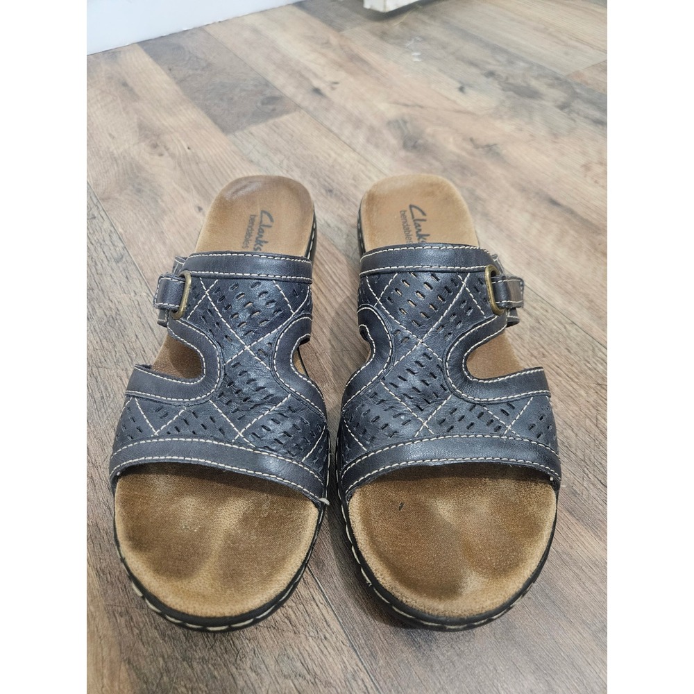 Clarks Bendables‎ Navy Blue Leather Laser Cut Slide Sandals Womens 9M 65744
